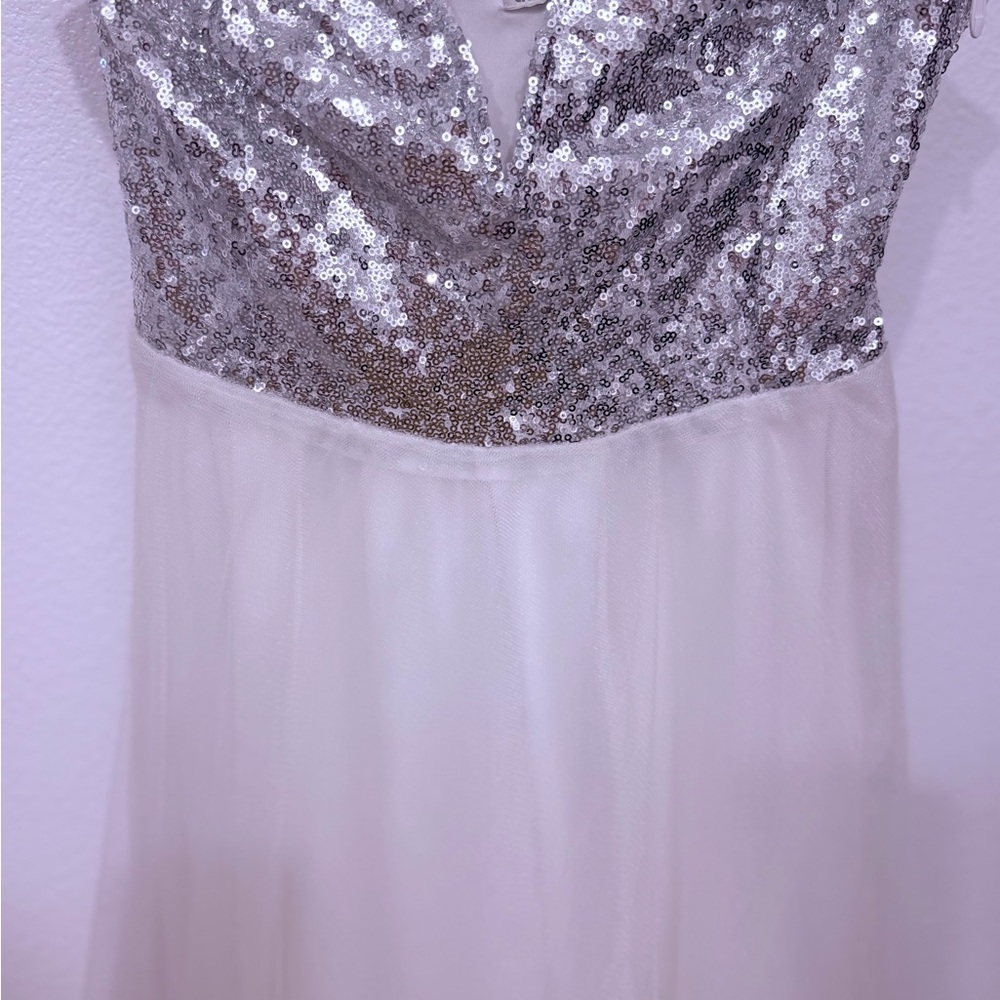 Charlotte Russe Silver Sequin Bodice Ivory Strapless Gown